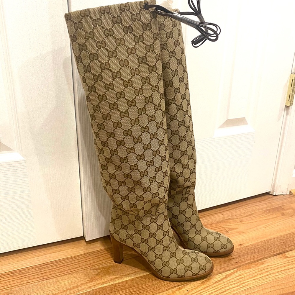 New GUCCI GG canvas mid-heel boot Sz 5.5 - Picture 11 of 16